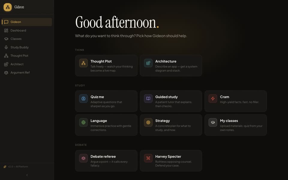 Gideon app home: a mode picker with Thought Plot, Architecture, quiz and study modes, and debate tools