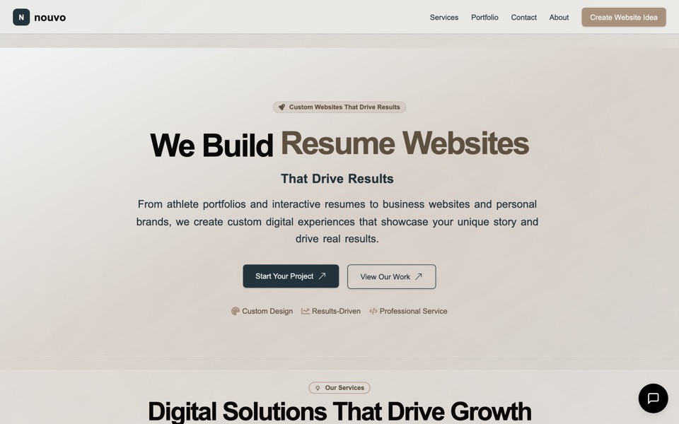 Nouvo studio homepage: We Build, custom websites for athlete portfolios, resumes, and businesses