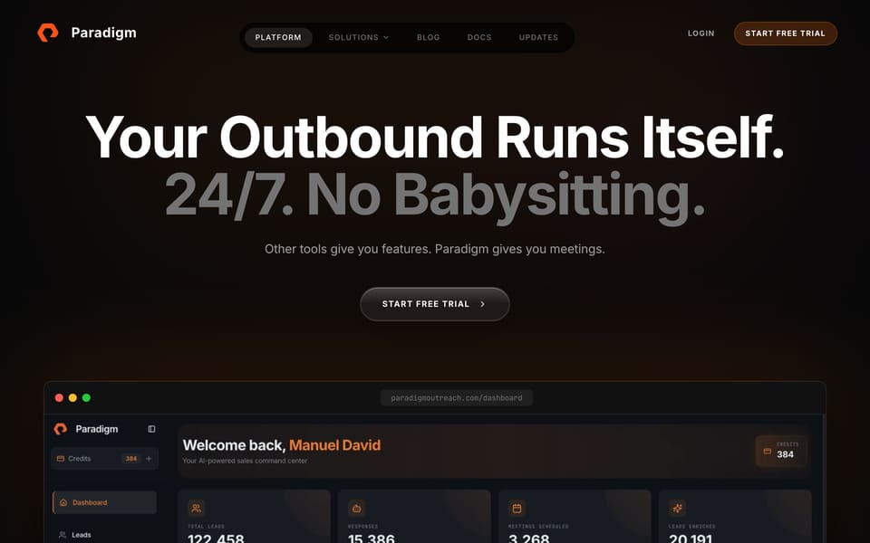 Paradigm landing page: the headline reads Your Outbound Runs Itself, above the live sales dashboard